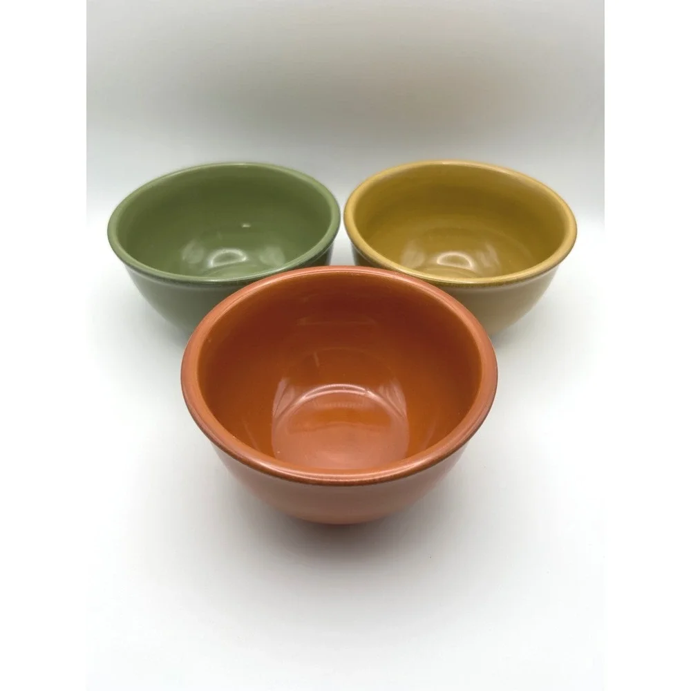 Tag Ceramic Dipping Bowl Set Metal Caddy Green Orange Yellow 3 Piece Set 7.25